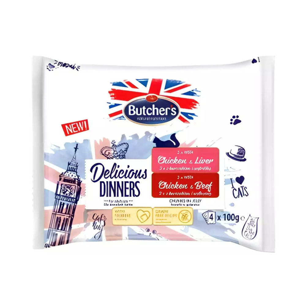 بوتشرز ديليشيز دينر للقطط 2×الدجاج + 2×الدجاج مع اللحم البقري والكبد أظرف 4×100غ في الجيلي