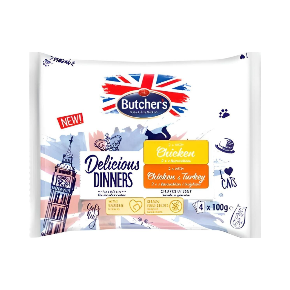بوتشرز ديليشيز دينر للقطط 2×الدجاج + 2×الدجاج مع الديك الرومي أظرف 4×100غ في الجيلي