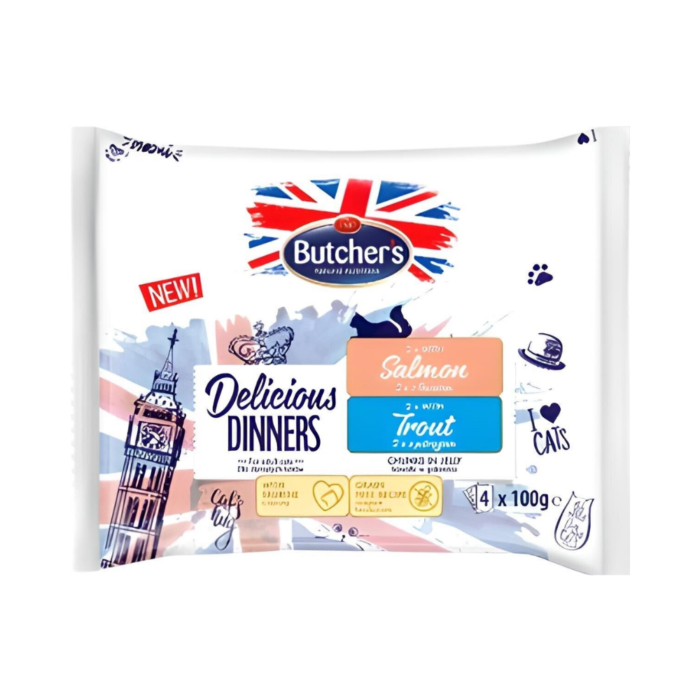 بوتشرز ديليشيز دينر للقطط 2×الدجاج + 2×الدجاج مع السالمون أظرف 4×100غ في الجيلي