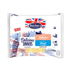 بوتشرز ديليشيز دينر للقطط 2×الدجاج + 2×الدجاج مع السالمون أظرف 4×100غ في الجيلي