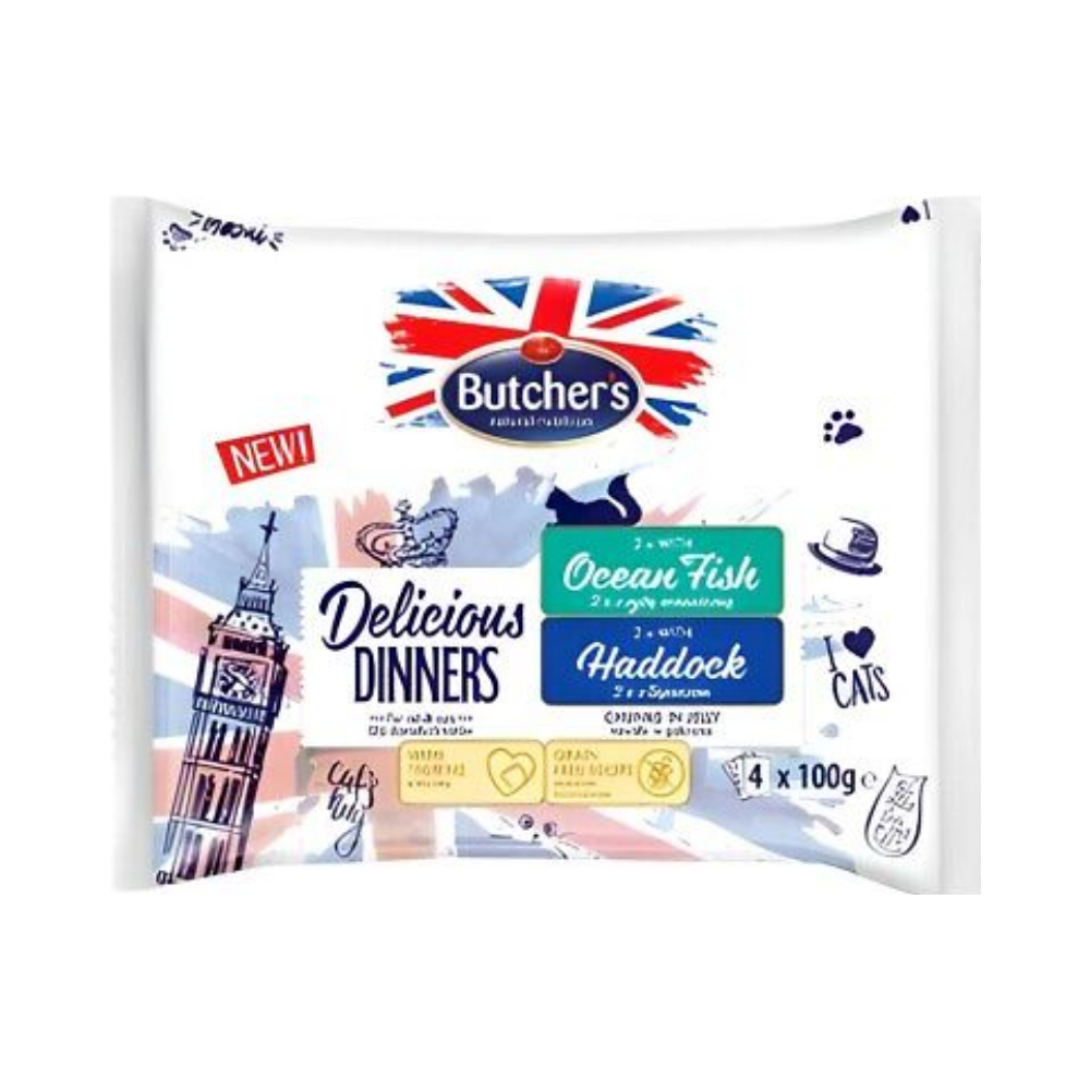 بوتشرز ديليشيز دينر للقطط 2×اسماك المحيط + 2×سمك الحدوق أظرف 4×100غ في الجيلي