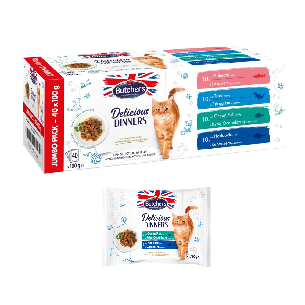 بوتشرز ديليشيز دينر للقطط حزمة جامبو اقتصادية بالاسماك المتنوعة 40×100غ