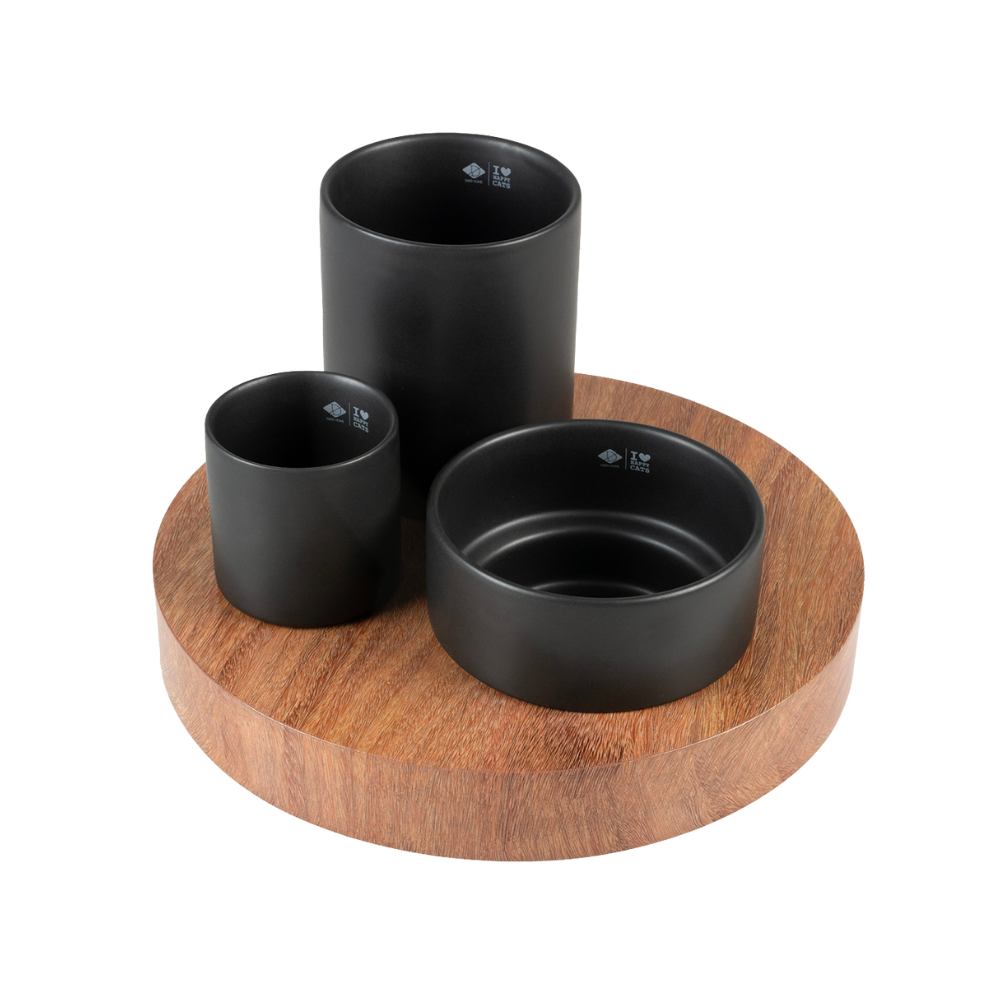 أي لوف هابي كاتس صينية طعام مع 3 أوعية اسود 240-500-800 مل