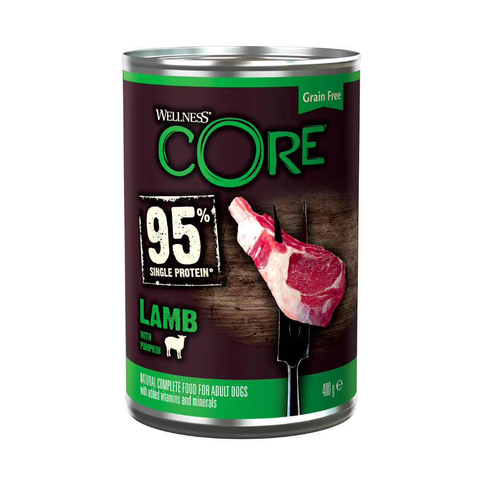 ويلنس كور طعام رطب 95٪ بروتين فردي لحم غنم مع يقطين للكلاب 400غ