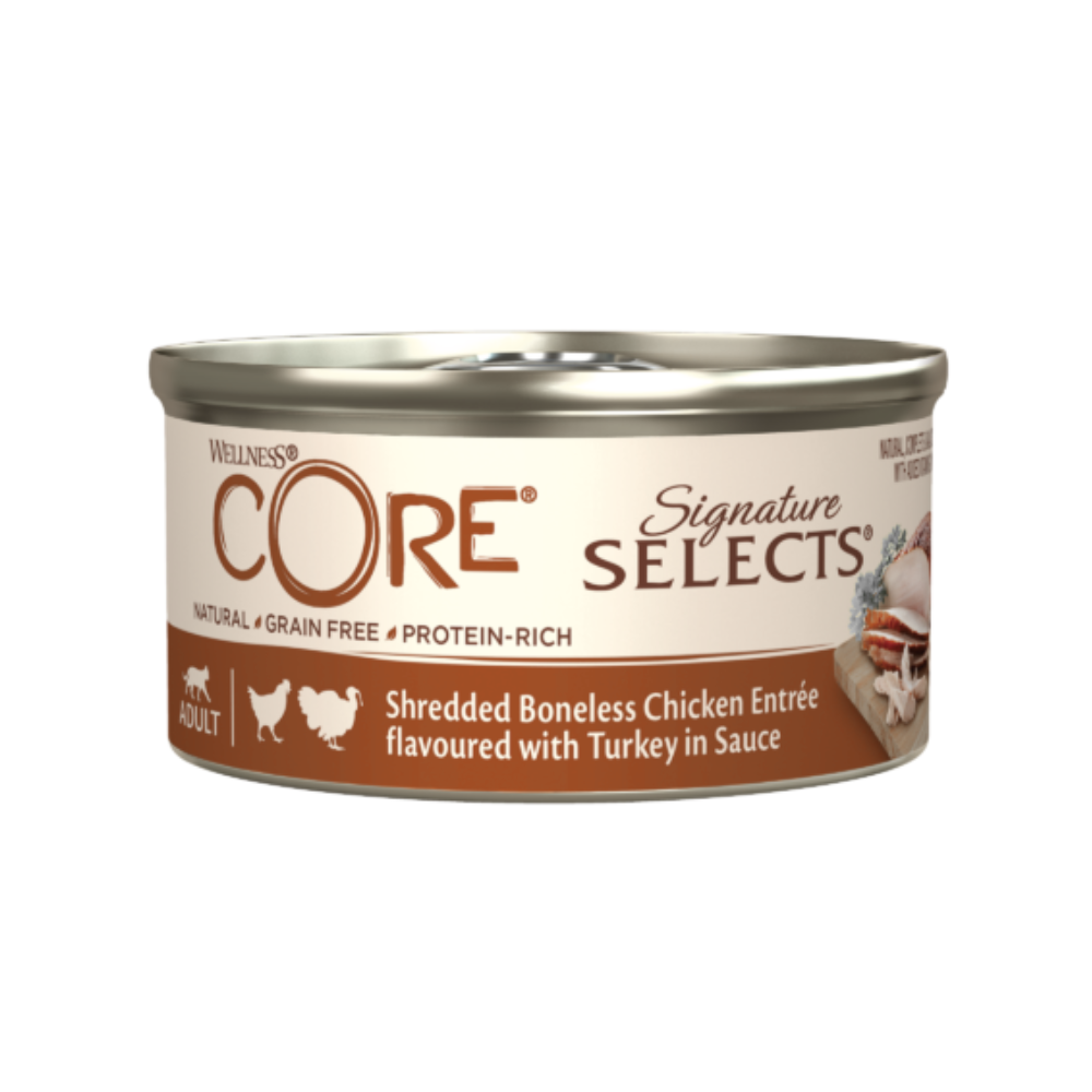 ويلنس كور سيجنيتشر سليكتس معلبات دجاج مبشور وديك رومي بالصلصة للقطط 79غ