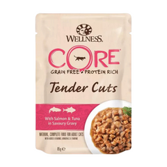 ويلنس كور تندر كتس اظرف تونة وسالمون بالمرق للقطط 85غ